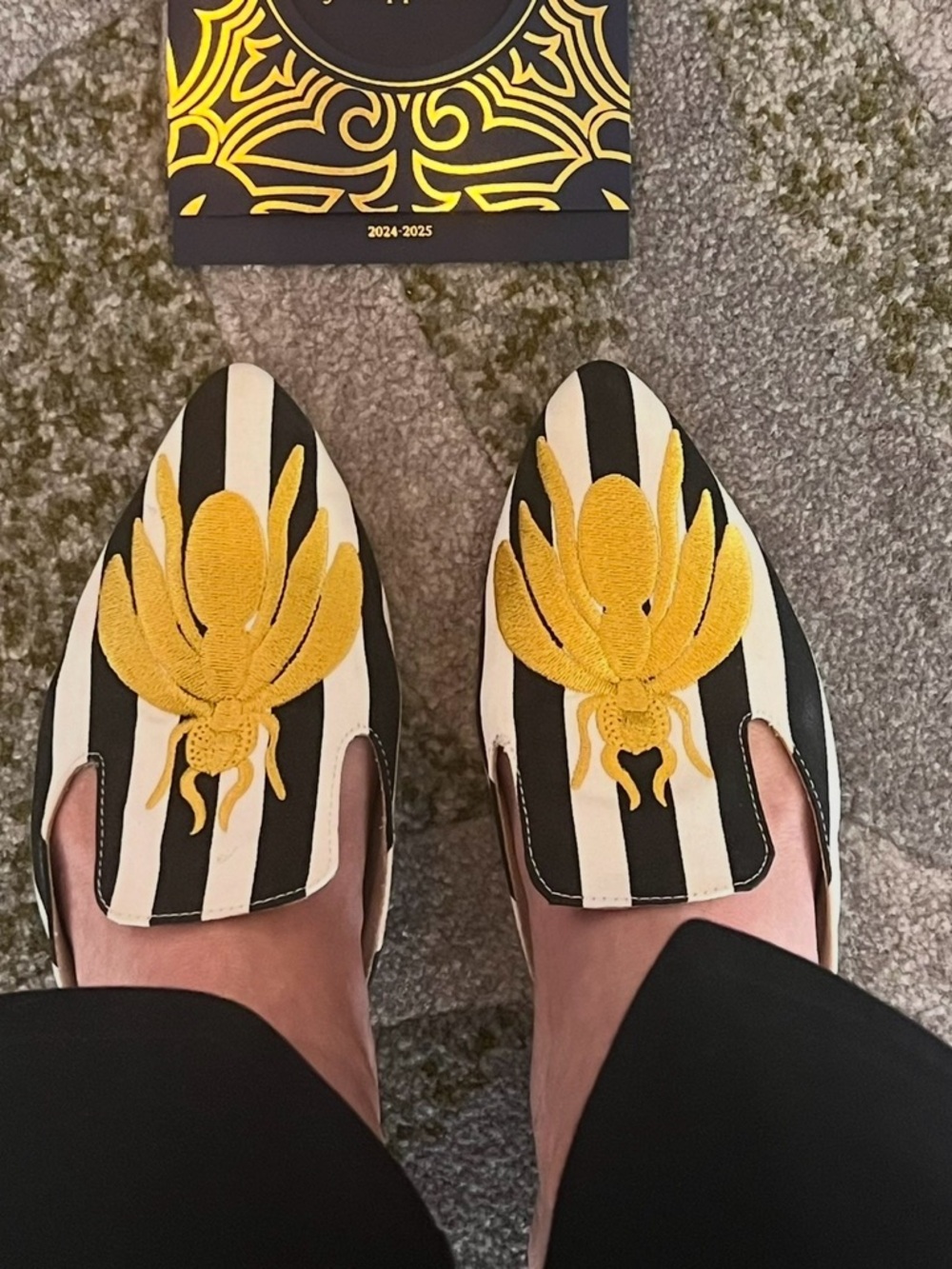 Pancora Black & White Striped Slip-On Loafers with Yellow Gold Embroiderd Bee